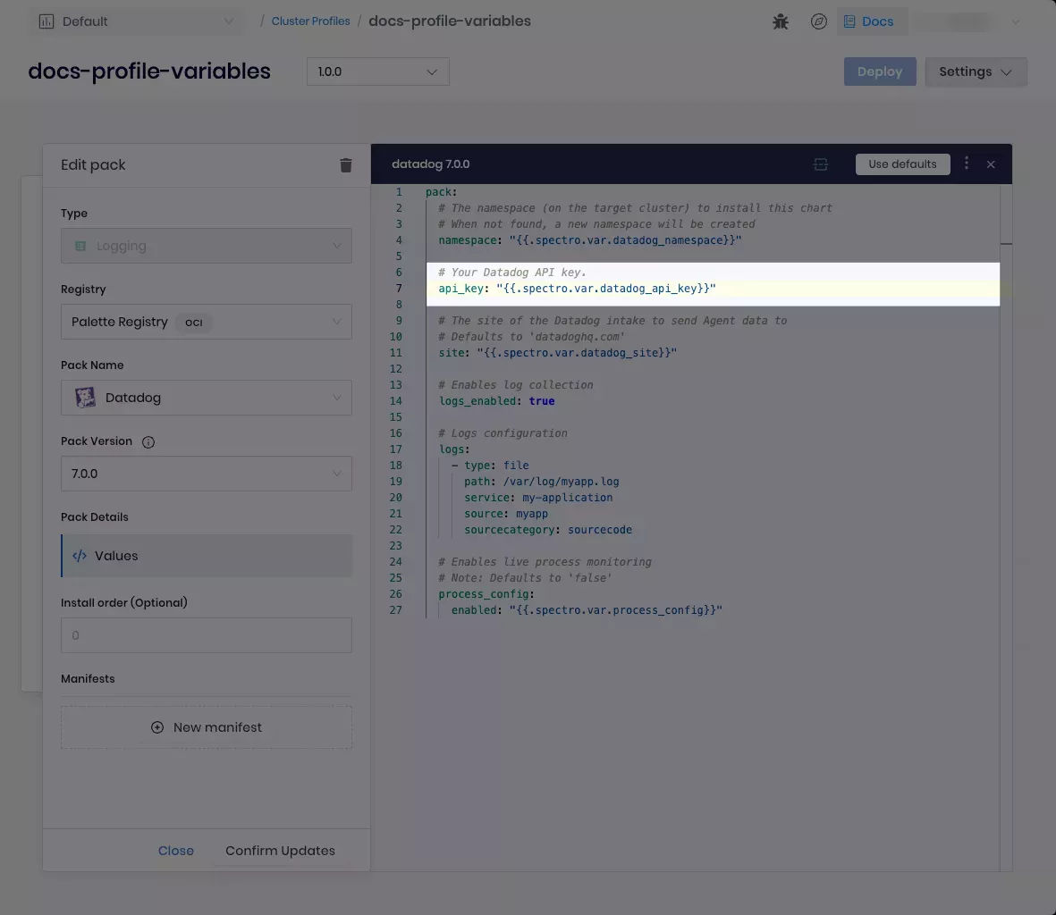 Palette YAML editor with the added profile variables.